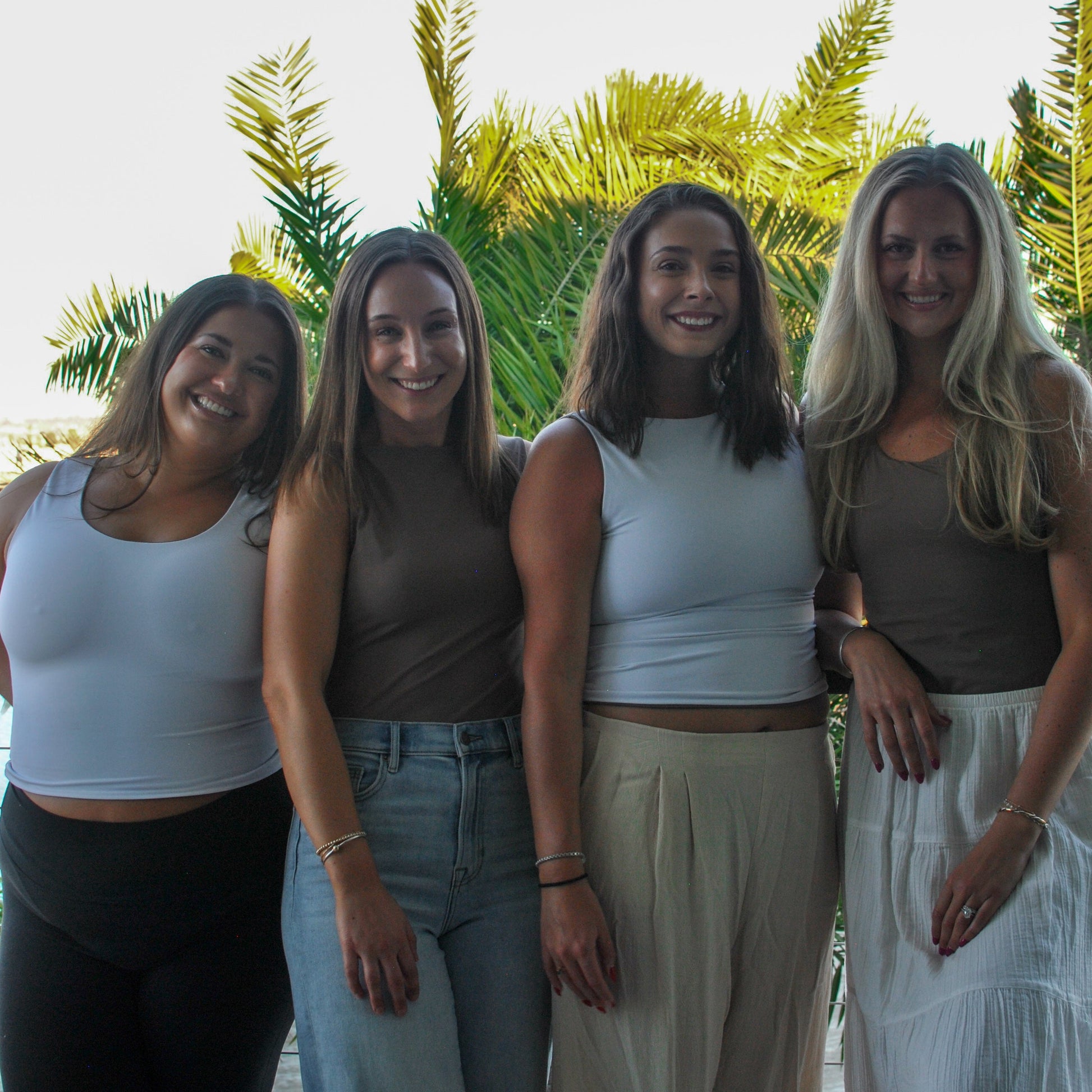 Left to right: 5'0", 180lb, size large • 5'4", 125lb, size small • 5'7", 150lb, size medium • 5'9", 140lb, size small